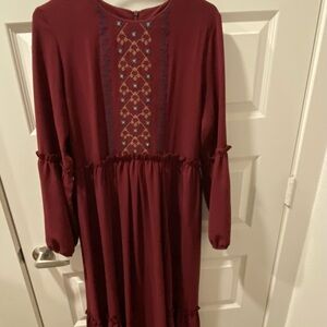 Burgundy Long Sleeve Dress with Embroidered Detail